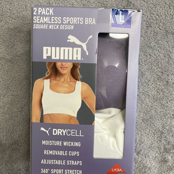 NEW Puma 2 Pack White Purple Women's L  Seamless Sports Bra Square Neck - Picture 6 of 9